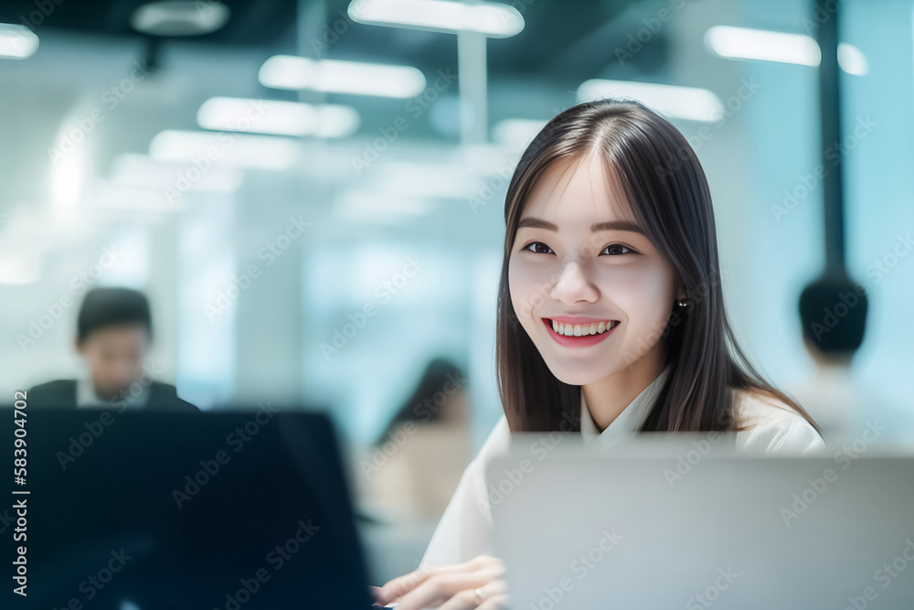 Office Working Girl, Pretty and Cute Asian Smile is sitting in front of Laptop Computer in Office Environment Background created with generative AI. Office Working Girl, Pretty and Cute Asian Smile is sitting in front of Laptop Computer in Office Environment Background created with generative AI.