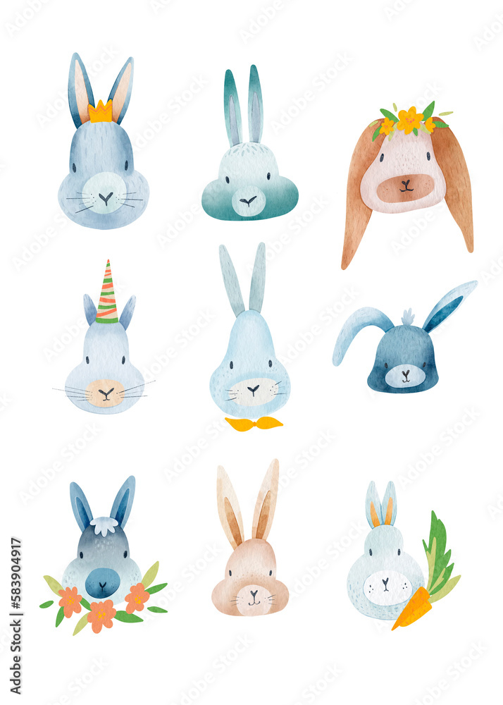 Cartoon collection of cute rabbits. Digital watercolor baby print. Pastel color