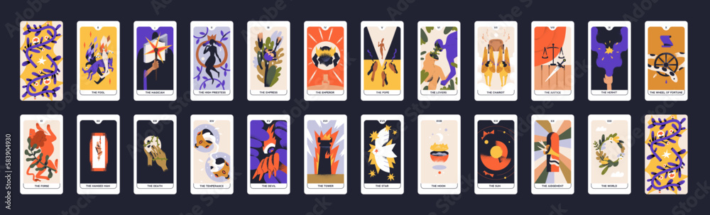 Tarot cards design. Occult major arcanas deck with esoteric magic symbols. Pack of spiritual signs of emperor, fool, lovers, moon in modern style. Isolated colored flat graphic vector illustrations - obrazy, fototapety, plakaty 