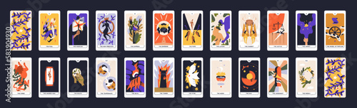 Tarot cards design. Occult major arcanas deck with esoteric magic symbols. Pack of spiritual signs of emperor, fool, lovers, moon in modern style. Isolated colored flat graphic vector illustrations photo