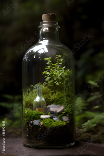 Bottle with green plants inside. Fairytale background. Generated AI