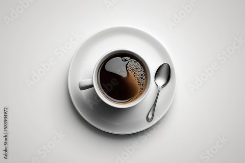 Cup of coffee on white background top view morning. Cup with espresso. Black fresh coffee in a cup simple minimal. 3D realistic illustration. Based on Generative AI