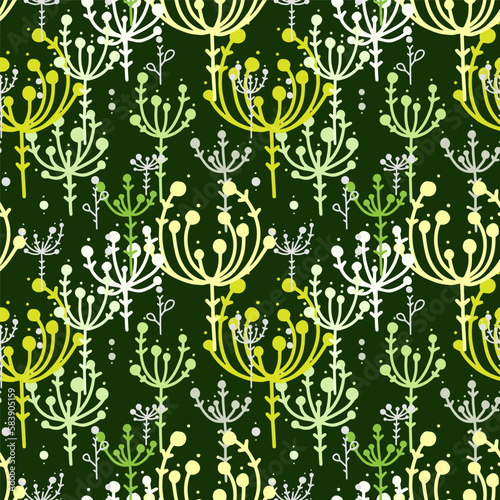 Pattern of plant umbrellas, bunches, inflorescences and seeds. Seamless vector image.