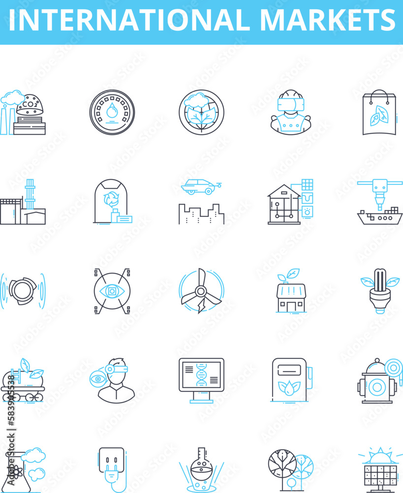 International markets vector line icons set. Global, Overseas, Markets, Commerce, Exchange, Economy, International illustration outline concept symbols and signs