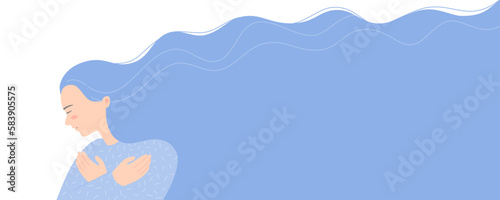 Silhouette of smiling woman with managing her stress or depress, mental health concept. Flat vector illustration banner.	