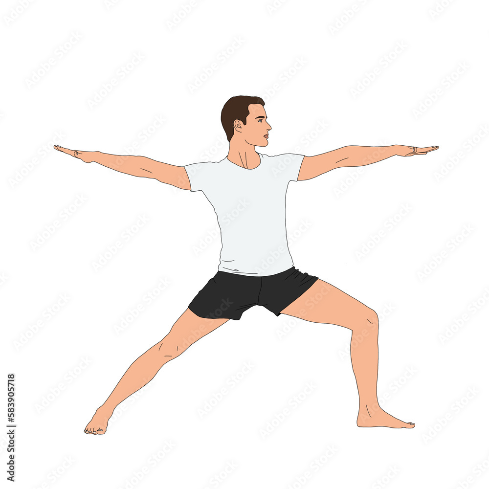 PNG Warrior II 2 / Virabhadrasana II 2. Man doing yoga asana pose exercise minimalistic illustration without background. Home exercise illustration, trainig person, mental health, work life balance