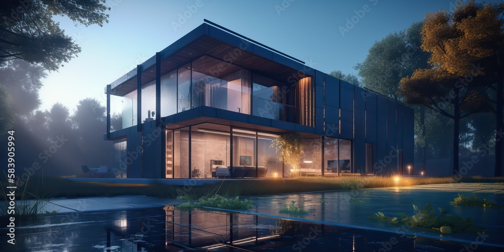 Luxury modern villa with swimming pool and garden, generative ai