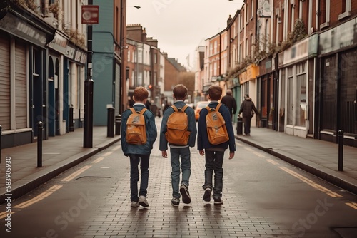 Three schoolboys walking on the street on the way to school, generative ai