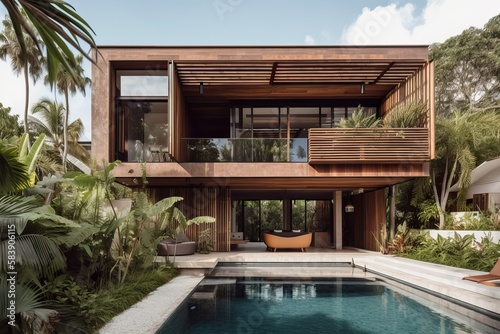 Luxury sustainable wooden villa with pool and tropical garden, generative ai © FrankBoston