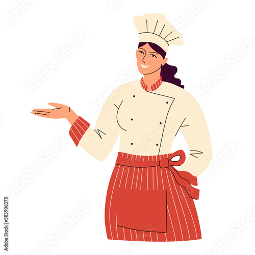 Smiling female chef in toque and uniform. A woman shows something with her hand. Portrait of a happy kitchen worker. Flat style isolated on white. Vector illustration.