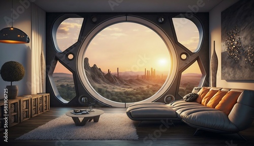 Futuristic living room interior with big window in center. Generative AI © Scrudje