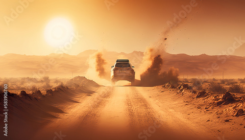 Illustration of car traveling through the desert dusty road under the sun. Sunset in desert beautiful rays of light and clouds. 3D realistic illustration. Based on Generative AI 