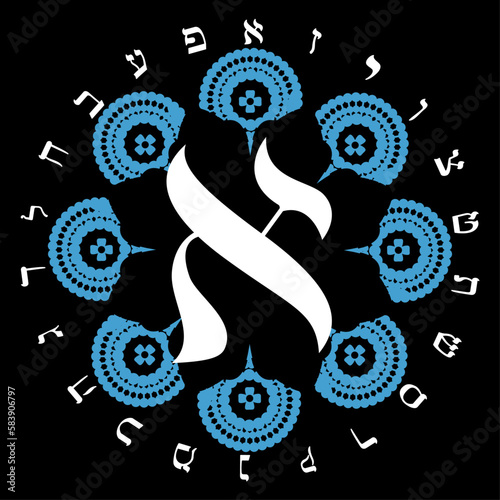 Vector illustration of the Hebrew alphabet in circular design. Hebrew letter called Aleph large.