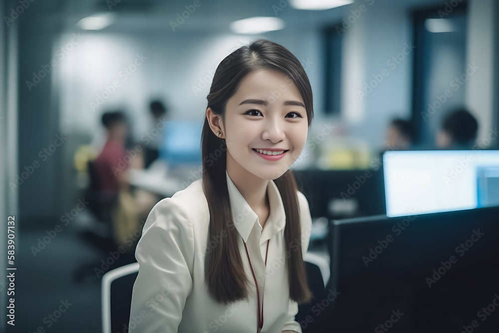 Office Working Girl, Pretty and Cute Asian Smile is Standing in front of Camera and Office Environment Background created with generative AI.