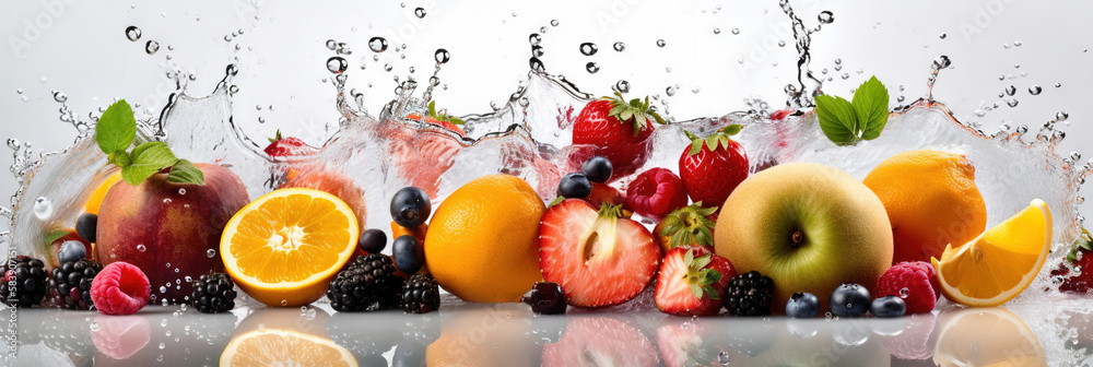 custom made wallpaper toronto digitalWide banner background with fruits and splashes of water. Isolated food wallpaper generative ai
