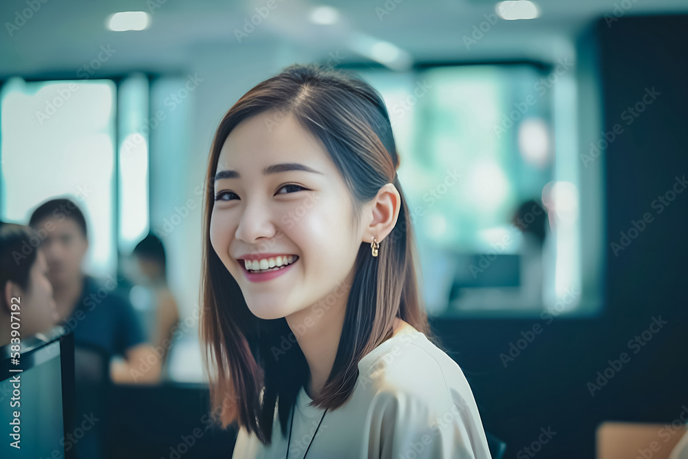Office Working Girl, Pretty and Cute Asian Smile is Standing in front of Camera and Office Environment Background created with generative AI. Office Working Girl, Pretty and Cute Asian Smile is Standing in front of Camera and Office Environment Background created with generative AI.