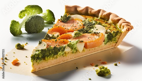 a slice of quiche with broccoli, pesto, and salmon, side view, white background, generative AI