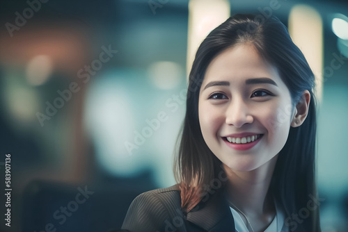 Office Working Girl, Pretty and Cute Asian Smile is Standing in front of Camera and Office Environment Background created with generative AI.