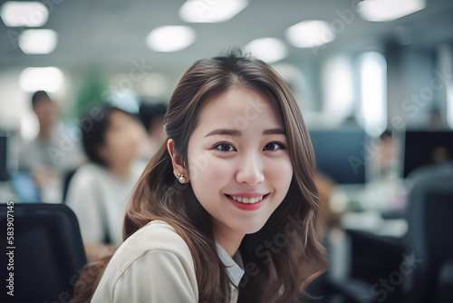 Office Working Girl, Pretty and Cute Asian Smile is Standing in front of Camera and Office Environment Background created with generative AI. © Surachetsh