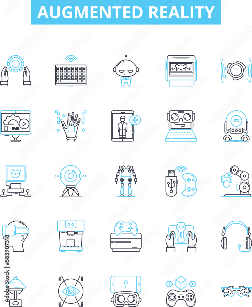 Augmented reality vector line icons set. Augmented, Reality, AR, 3D, Mixed, Virtual, Interactive illustration outline concept symbols and signs Augmented reality vector line icons set. Augmented, Reality, AR, 3D, Mixed, Virtual, Interactive illustration outline concept symbols and signs