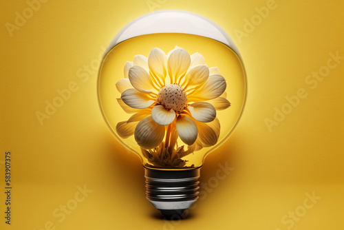 Beautiful yellow flower inside light bulb on yellow background. Generative AI. photo