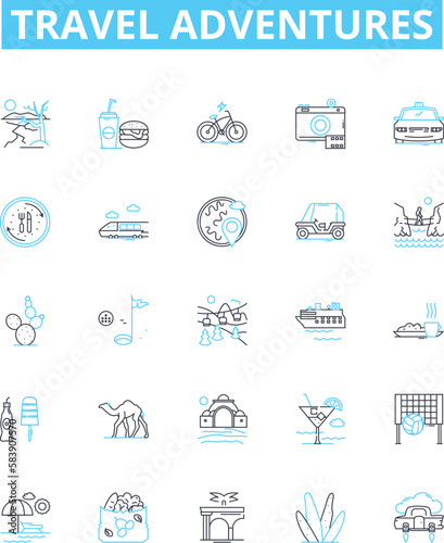 Travel adventures vector line icons set. Travel, Adventures, Exploring, Touring, Trekking, Cruising, Hiking illustration outline concept symbols and signs