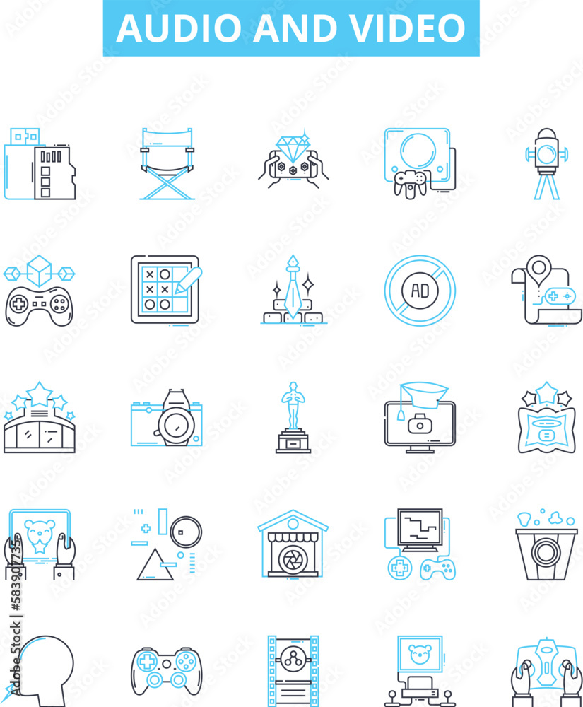 audio and video vector line icons set. Audio, Video, Sound, Music, Podcast, Radio, Broadcasting illustration outline concept symbols and signs audio and video vector line icons set. Audio, Video, Sound, Music, Podcast, Radio, Broadcasting illustration outline concept symbols and signs