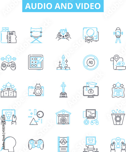 audio and video vector line icons set. Audio, Video, Sound, Music, Podcast, Radio, Broadcasting illustration outline concept symbols and signs