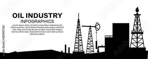 Industrial factories silhouette background. Oil and petroleum industry. Oil refinery complex with pipes and tanks gas production rigs with endless steel landscape. Petroleum fuel industry pipeline