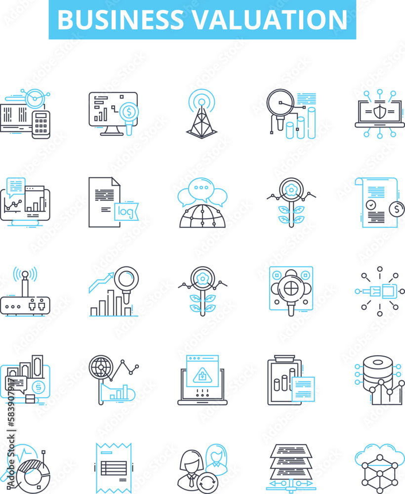 Business valuation vector line icons set. Valuation, Business, Analysis, Asset, Price, Market, Equity illustration outline concept symbols and signs