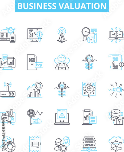 Business valuation vector line icons set. Valuation, Business, Analysis, Asset, Price, Market, Equity illustration outline concept symbols and signs