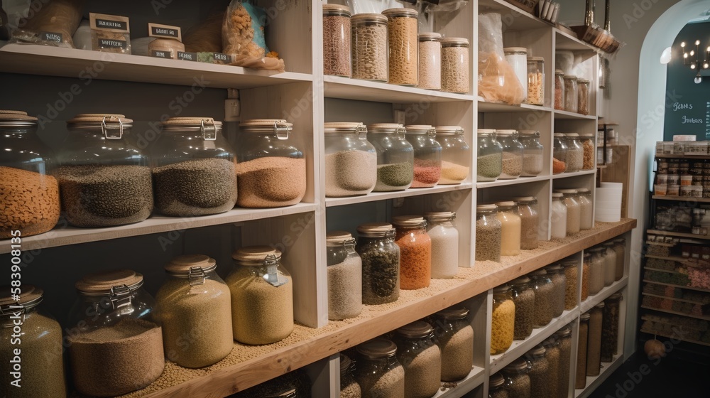 Zero waste grocery store, focusing on sustainable shopping with eco friendly practices. Bulk bins, reusable containers, and a variety of organic products, highlighting green lifestyle. Generative AI