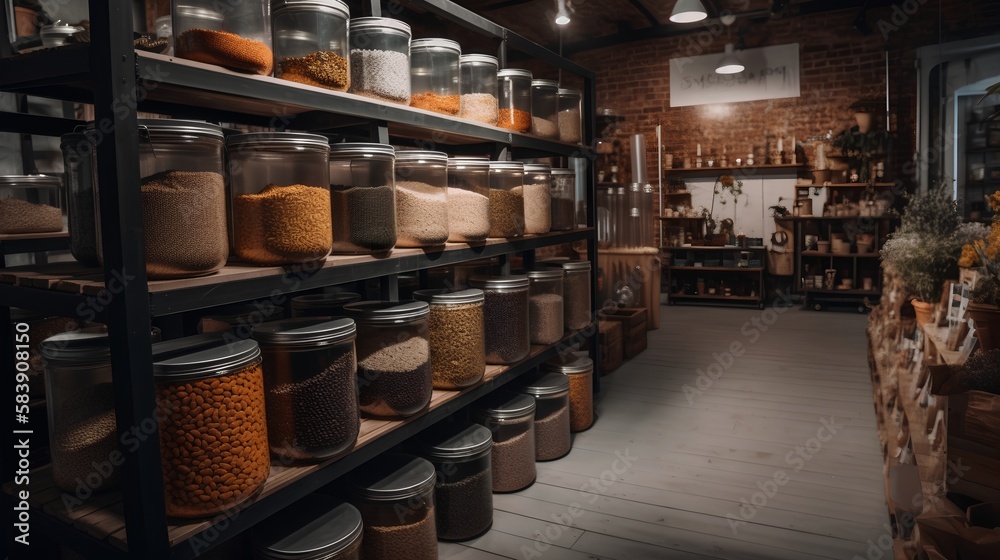 Zero waste grocery store, focusing on sustainable shopping with eco friendly practices. Bulk bins, reusable containers, and a variety of organic products, highlighting green lifestyle. Generative AI Zero waste grocery store, focusing on sustainable shopping with eco friendly practices. Bulk bins, reusable containers, and a variety of organic products, highlighting green lifestyle. Generative AI