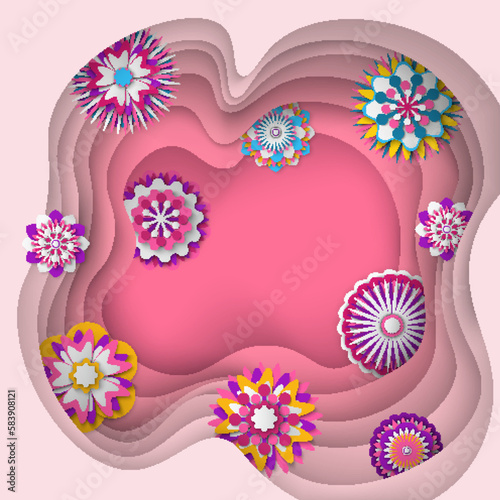 Paper cut spring flowers in shape of water spot. Fresh spring nature background. Floral banner, poster, flyer template. Colorful buds with different pettals on blue fond, origami flower decoration