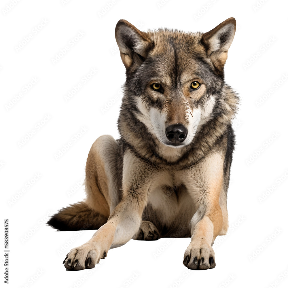 Sitting sad wolf on a transparent background. Generative AI