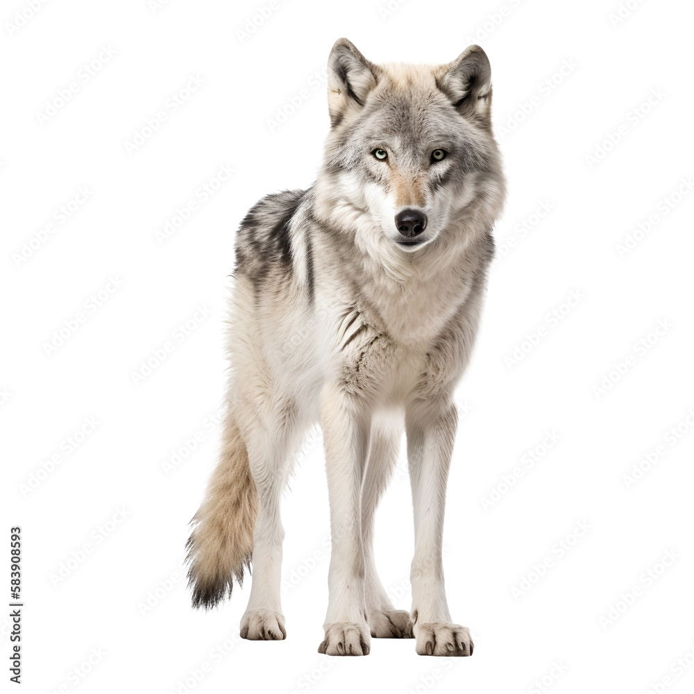 Standing white wolf on a transparent background. Generative AI