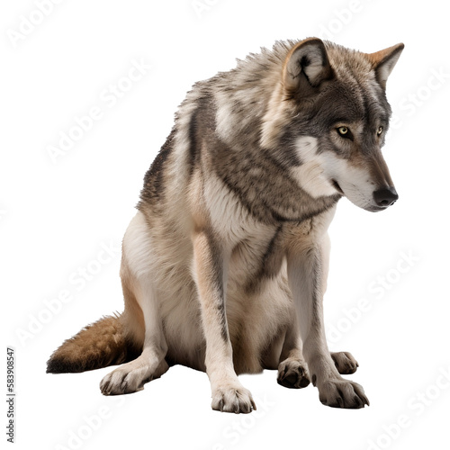 Sad wolf on transparent background. Generative AI