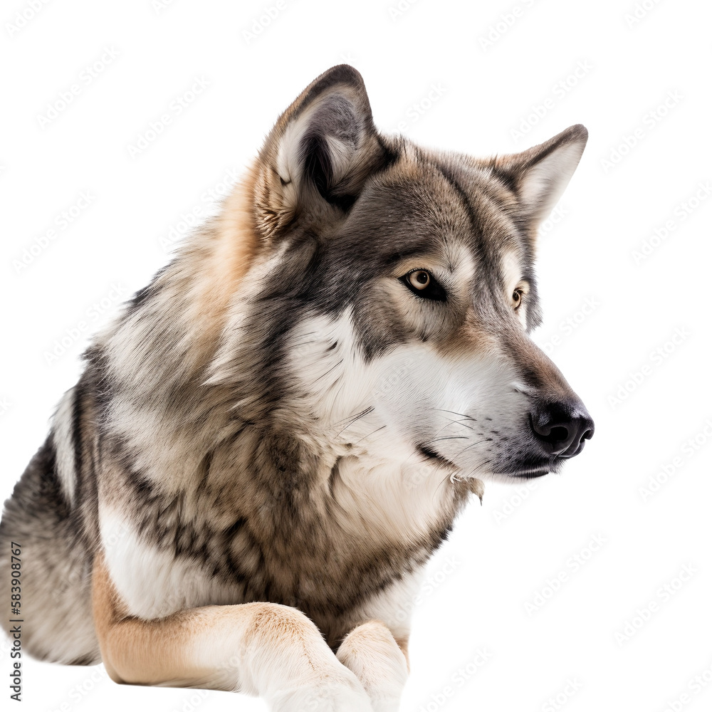 Portrait of a sad wolf on a transparent background. Generative AI
