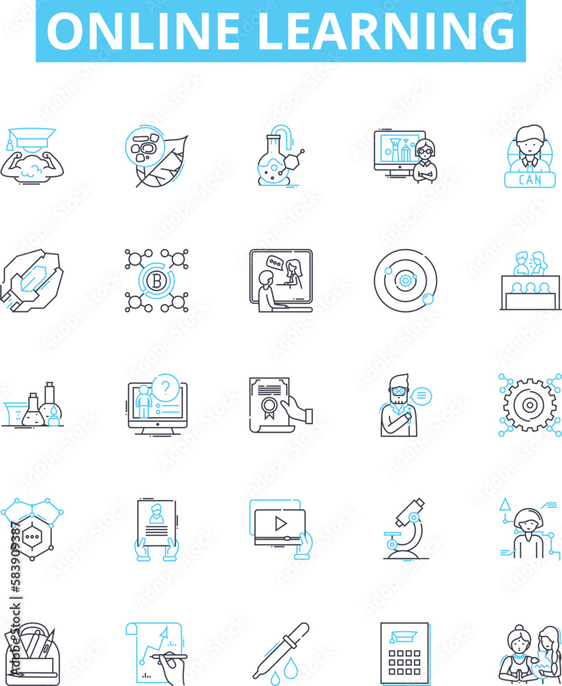 Online learning vector line icons set. eLearning, virtual, remote, digital, online, courses, tutoring illustration outline concept symbols and signs Online learning vector line icons set. eLearning, virtual, remote, digital, online, courses, tutoring illustration outline concept symbols and signs