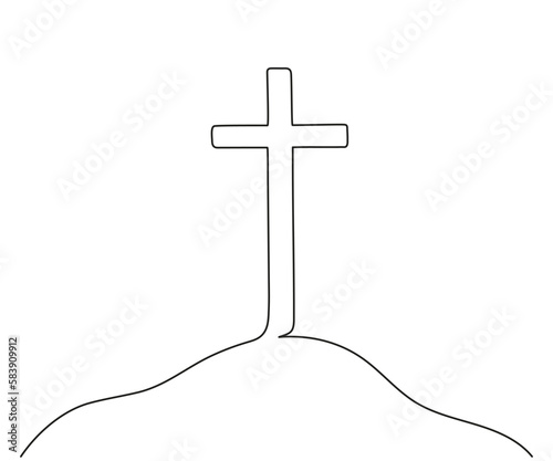 Catholic cross on hill, continuous single line drawing. Traditional religion symbol. Church sign cross one line art hand drawn. Vector illustration