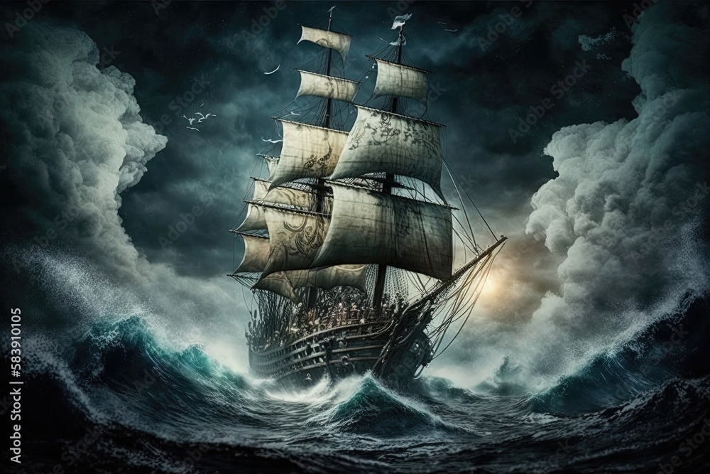 A Pirate Ship Battling Through A Stormy Sea, With The Wind And Waves 