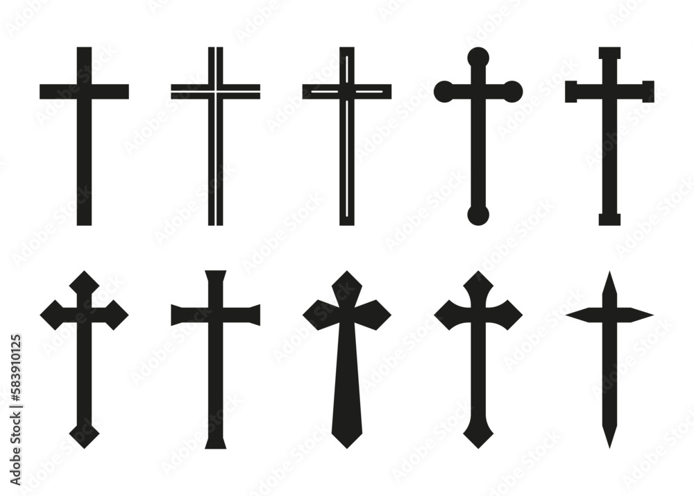 Cross black shape silhouette. Traditional religion symbol. Church sign cross. Vector illustration