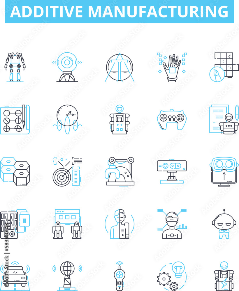 Additive manufacturing vector line icons set. 3D printing, Additive, Manufacturing, Rapid, Prototyping, Layer, STL illustration outline concept symbols and signs