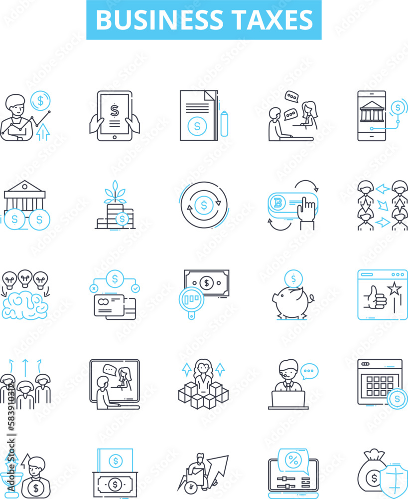 Business taxes vector line icons set. Taxes, Business, Filing, Deductions, Returns, Liabilities, Employer illustration outline concept symbols and signs
