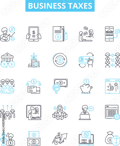 Business taxes vector line icons set. Taxes, Business, Filing, Deductions, Returns, Liabilities, Employer illustration outline concept symbols and signs