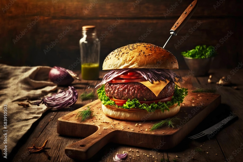 Φωτογραφία Table served for fast food with juicy homemade burger with juicy beef cutlet and