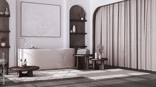 Dark wooden bathroom in japandi style with arched door and parquet floor. Freestanding bathtub  carpet  shelves and table in white and beige tones. Contemporary interior design