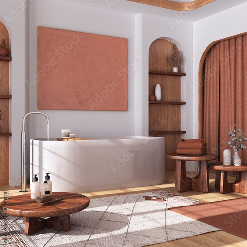 Modern wooden bathroom with curtains, bathtub, tables and carpets in white and orange tones. Parquet floor and arched door. Japandi interior design