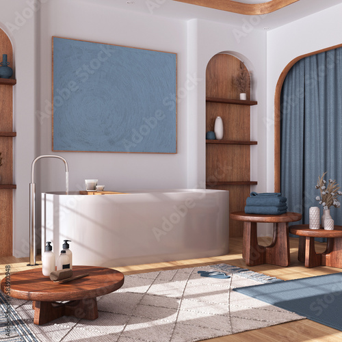 Modern wooden bathroom with curtains  bathtub  tables and carpets in white and blue tones. Parquet floor and arched door. Japandi interior design