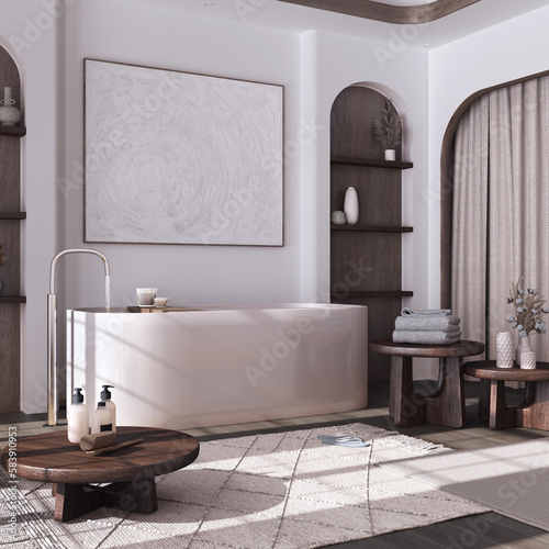 Modern dark wooden bathroom with curtains  bathtub  tables and carpets in white and beige tones. Parquet floor and arched door. Japandi interior design